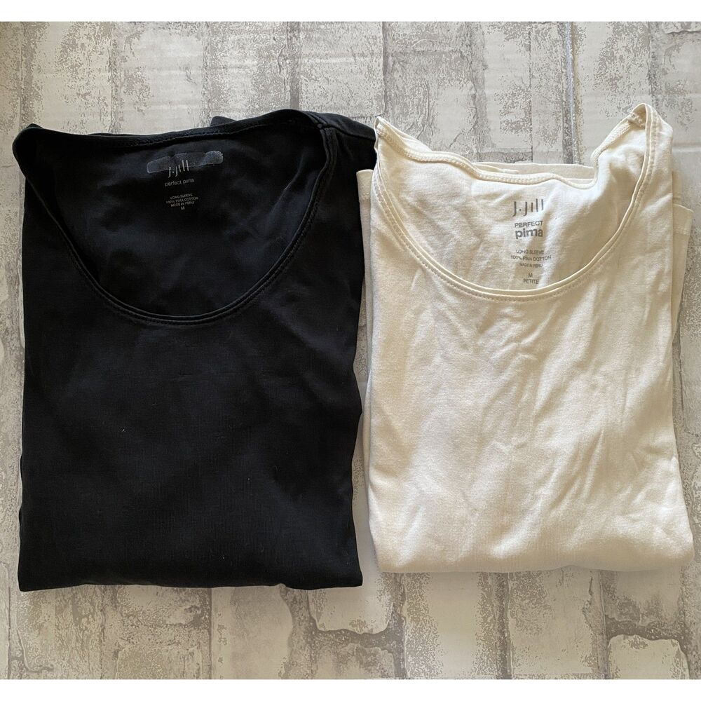 J Jill Set Black and Cream Perfect Pima Long Sleeve Crewneck Cotton Shirts M/PM